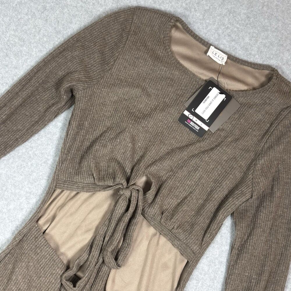LE LIS Ribbed Knit Cutout Dress Womens Long Sleeve Front Tie Brown Mini Sz S NWT